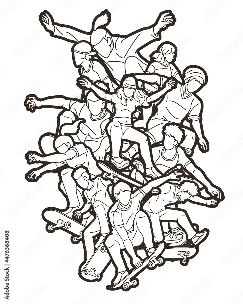 Group of People Play Skateboard Extreme Sport Skateboarder Action Cartoon Graphic Vector Group of People Play Skateboard Extreme Sport Skateboarder Action Cartoon Graphic Vector