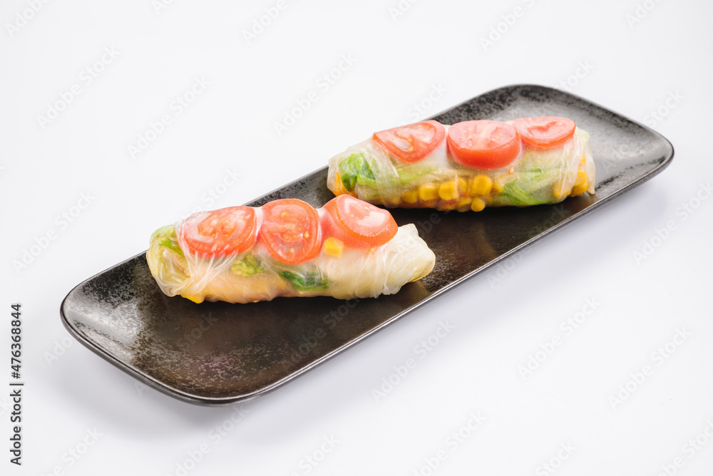 Fresh tasty sushi spring rolls with chicken and shrimps. Japanese cuisine Fresh tasty sushi spring rolls with chicken and shrimps. Japanese cuisine