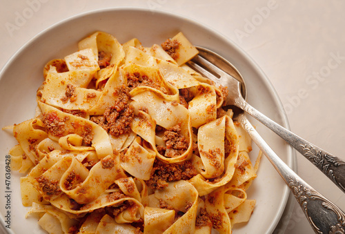 Quadro su tela Pasta pappardelle with BOLOGNESE SAUCE top view