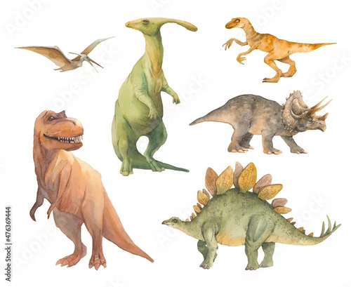 Fototapeta na wymiar Dinosaurs illustration set. Hand painted watercolor cartoon dinosaur silhouettes isolated on white background.