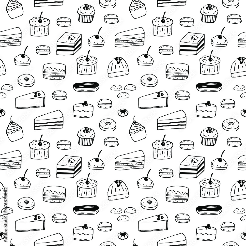 Confectionery cakes seamless pattern vector illustration, hand drawing doodles