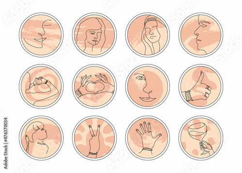 Set of various vector highlight covers with womens face and hands. Beautiful round icons for social media stories. Hand drawn templates. Abstract backgrounds.