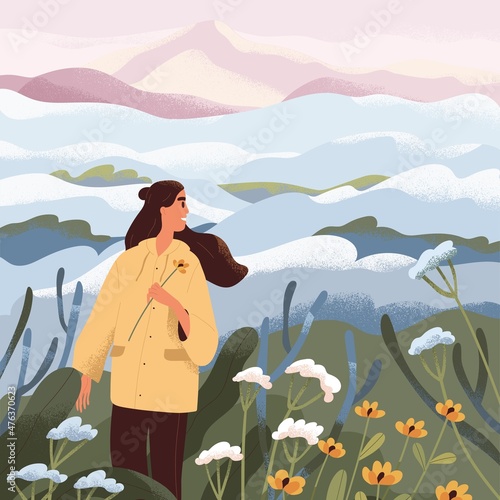 Serene landscape and woman walking alone in spring flower meadow with morning fog. Happy person in solitude with calm peaceful nature. Inspiration and contemplation concept. Flat vector illustration
