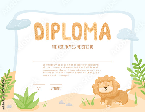 Diploma for kids with cute animal. School, preschool certificate template with lion baby on abstract landscape with leaves, grass, stones, clouds. Vector cartoon illustration, colorful background.