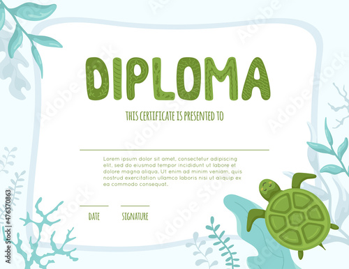 Diploma for kids with cute turtle. Certificate template for school, preschool, kindergarten, primary grades with sea animal, seaweed, corral reefs. Vector cartoon illustration, colorful background.
