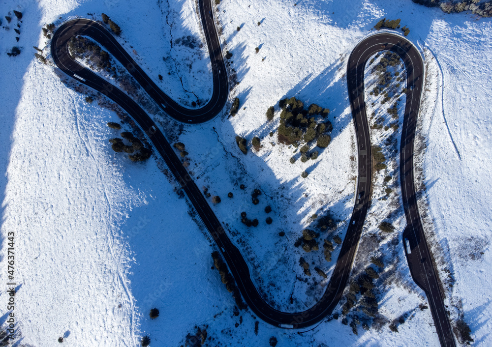 winding road seen from above in winter