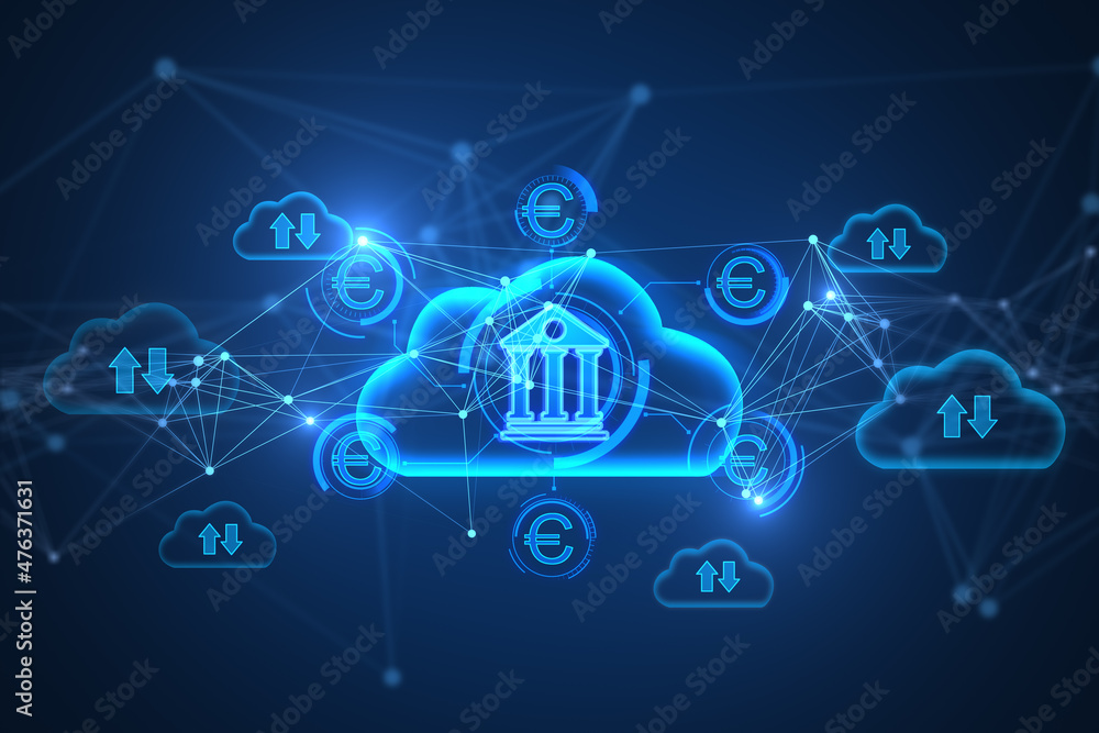 © Who is Danny - Creative glowing blue cloud computing and online banking hologram with various icons on blurry background. Database, finance, technology and future concept. 3D Rendering.