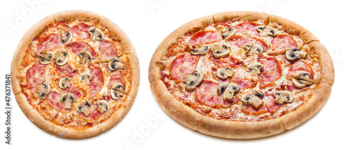 Delicious pizza with mushrooms, mozzarella, tomato sauce and ham, isolated on white background