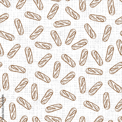 Vector white baguette french bread seamless pattern with canvas background 04. Perfect for bakery, menu or cafe wallpaper projects.