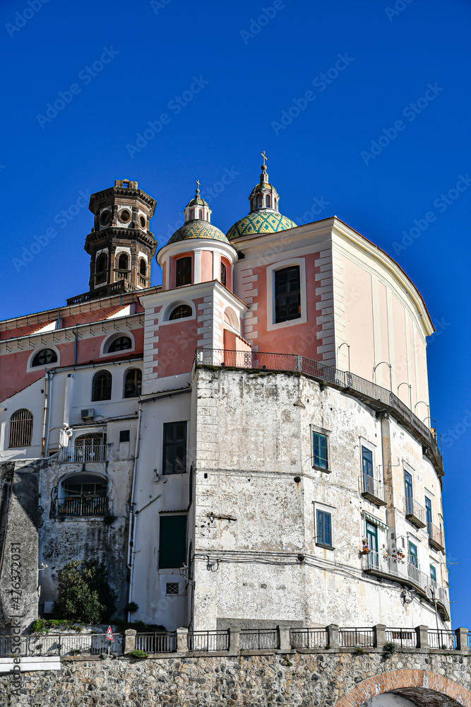 Exterior of the church of Atrani, a town on the Amalfi coast, Italy.
