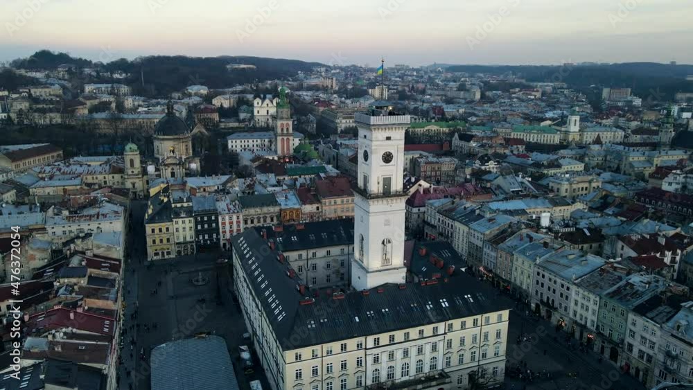 aerial view of winter Lviv city on sunset aerial view of winter Lviv city on sunset