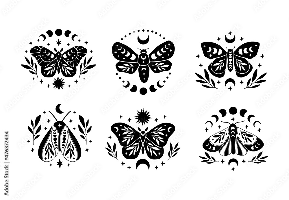 Boho celestial butterfly vector illustration set. Mystical moth with moon phases, sun. Black magic insect on white background. Esoteric symbol. Design for poster, card, t shirt print, sticker. - obrazy, fototapety, plakaty 
