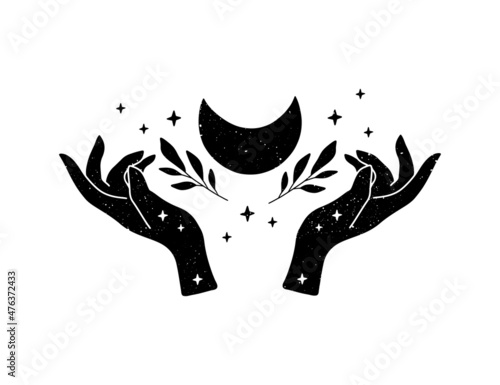 Celestial vector iilustration. Mystical witch hands, moon, floral. Black hand drawn boho poster. Astrology, esoteric, spiritual symbol. Wicca occult concept for t shirt print, magic card, logo.