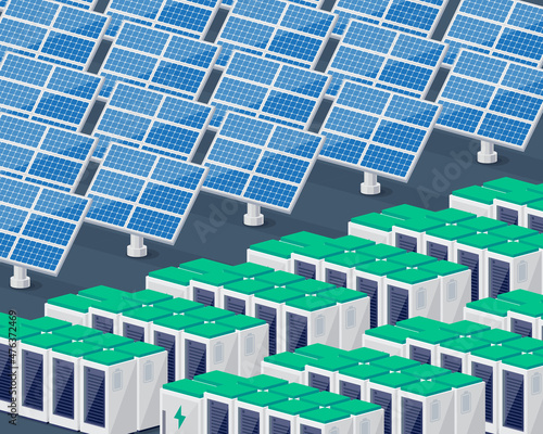 Renewable solar photovoltaic power plant generation station with electric solar panels cells for electricity grid with battery storage. Clean sustainable future energy. Concept vector illustration.