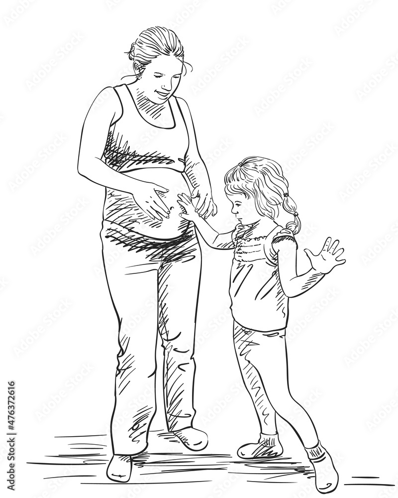 pregnant woman daughter touching big belly vector sketch pregnant woman daughter touching big belly vector sketch