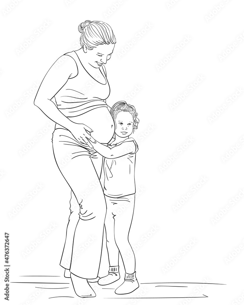 pregnant woman daughter touching big belly vector sketch pregnant woman daughter touching big belly vector sketch