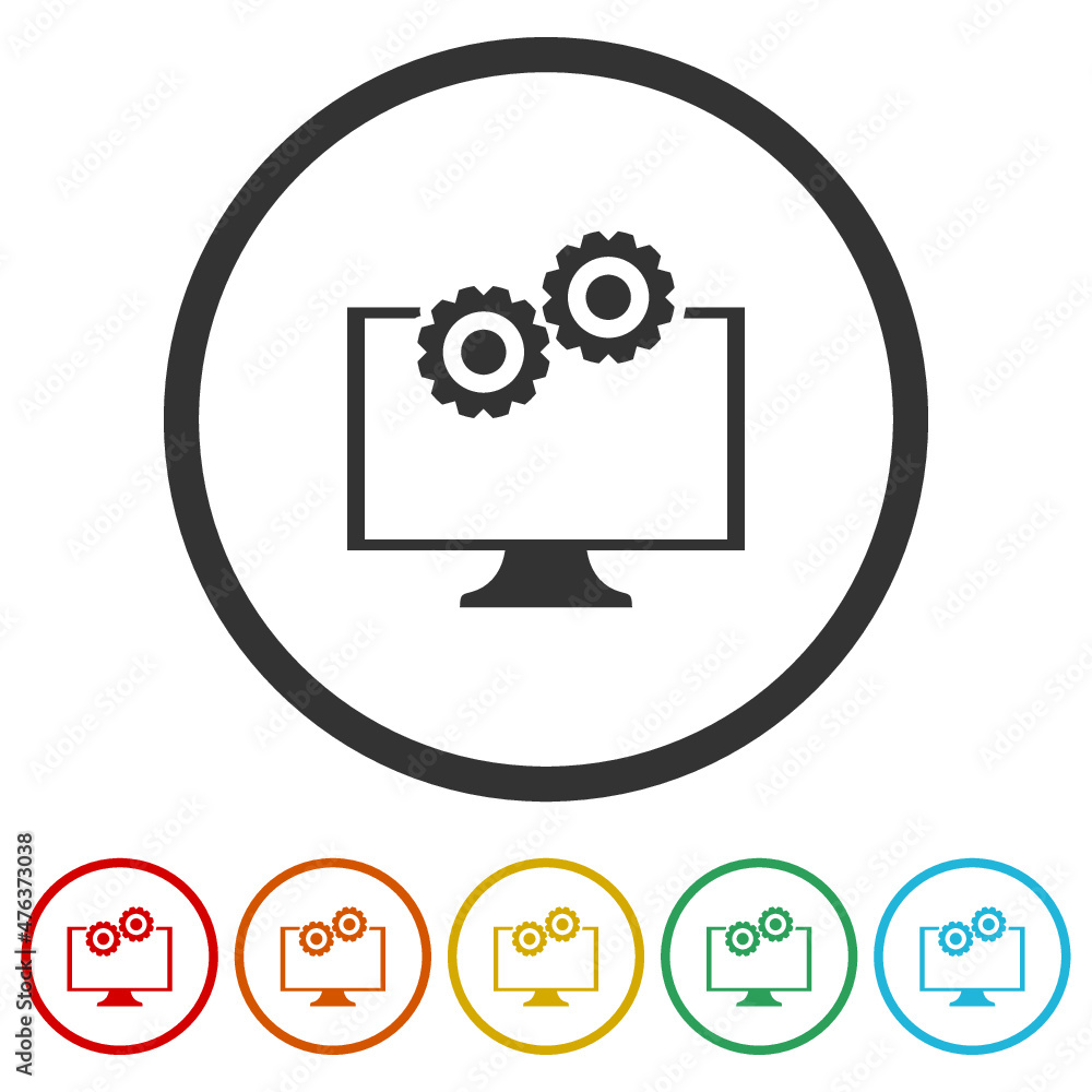 Gears on the monitor icon isolated on white background, color set Gears on the monitor icon isolated on white background, color set