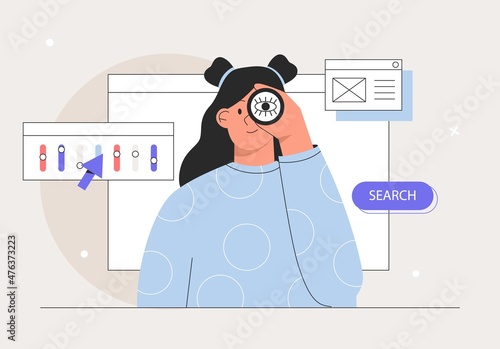 Young woman looking through spy glass. Business metaphore for search or research, development, web surfing and looking for new business or career opportunities. Flat style vector illustration.