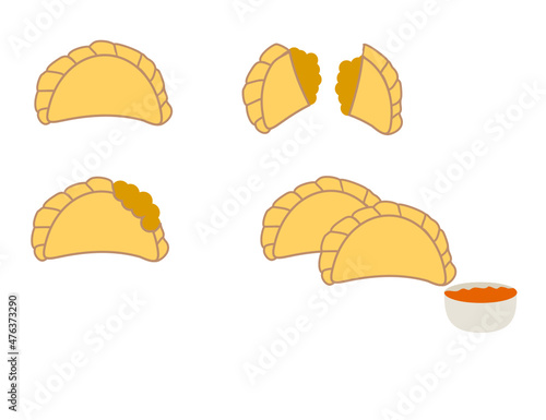 Set of curry puff.Crunchy pastry shell.Karipap is malaysia snack.A small pie.Cute sign, symbol, icon or logo isolated.Cartoon vector illustration.Flat design.Clipart.Food for menu.Empanadas.