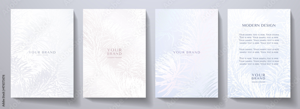 Holiday elegant cover design set. Snowy background with fir (pine) branches in silver, blue color. Winter vector template for menu, brochure, flyer layout, Christmas greeting