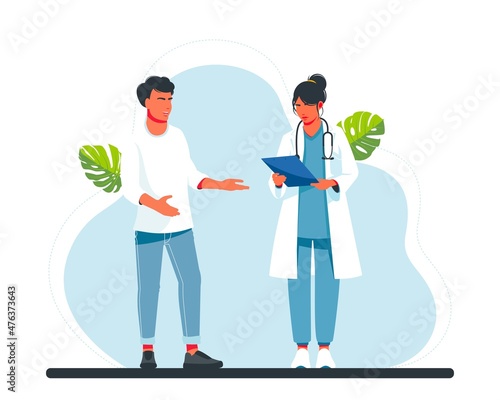 Doctor visiting a patient. doctor reads the medical history to the patient. man talking with man doctor. Patient having consultation with doctor therapist in hospital. flat vector illustration.