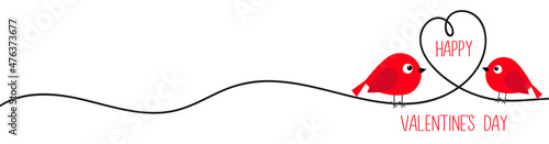 Happy Valentines Day. Red bird and heart. One line hand draw doodle. Continuous line art. Black hearts. Decoration element. Love romantic sign symbol. Falt design. White background. Isolated.