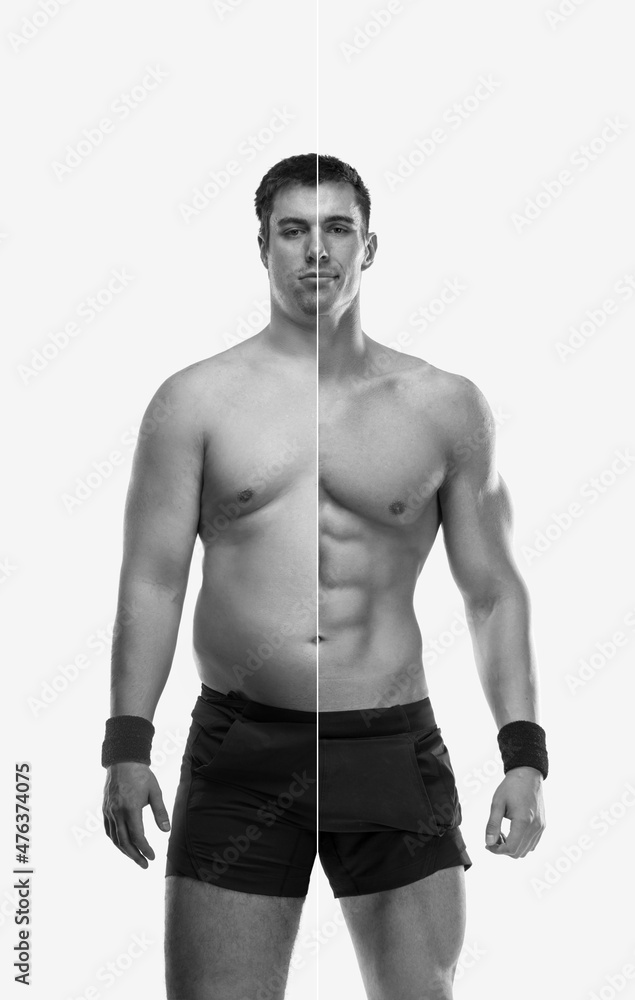 Fototapeta premium Awesome Before and After Weight Loss fitness Transformation. The man was fat but became fit. Fat to athlete.