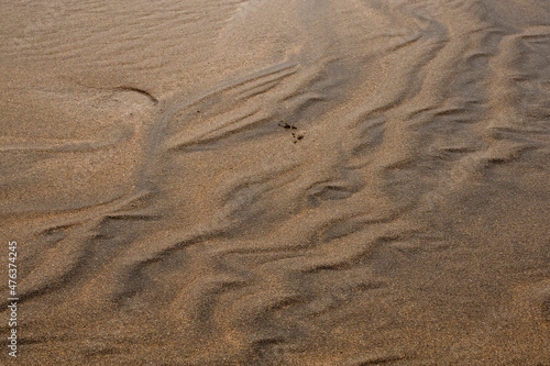 Amazing natural sand pattern made by wind and water on a sandy beach. Unique design for creative purpose. Design background. Random shapes on a dark and light sand surface