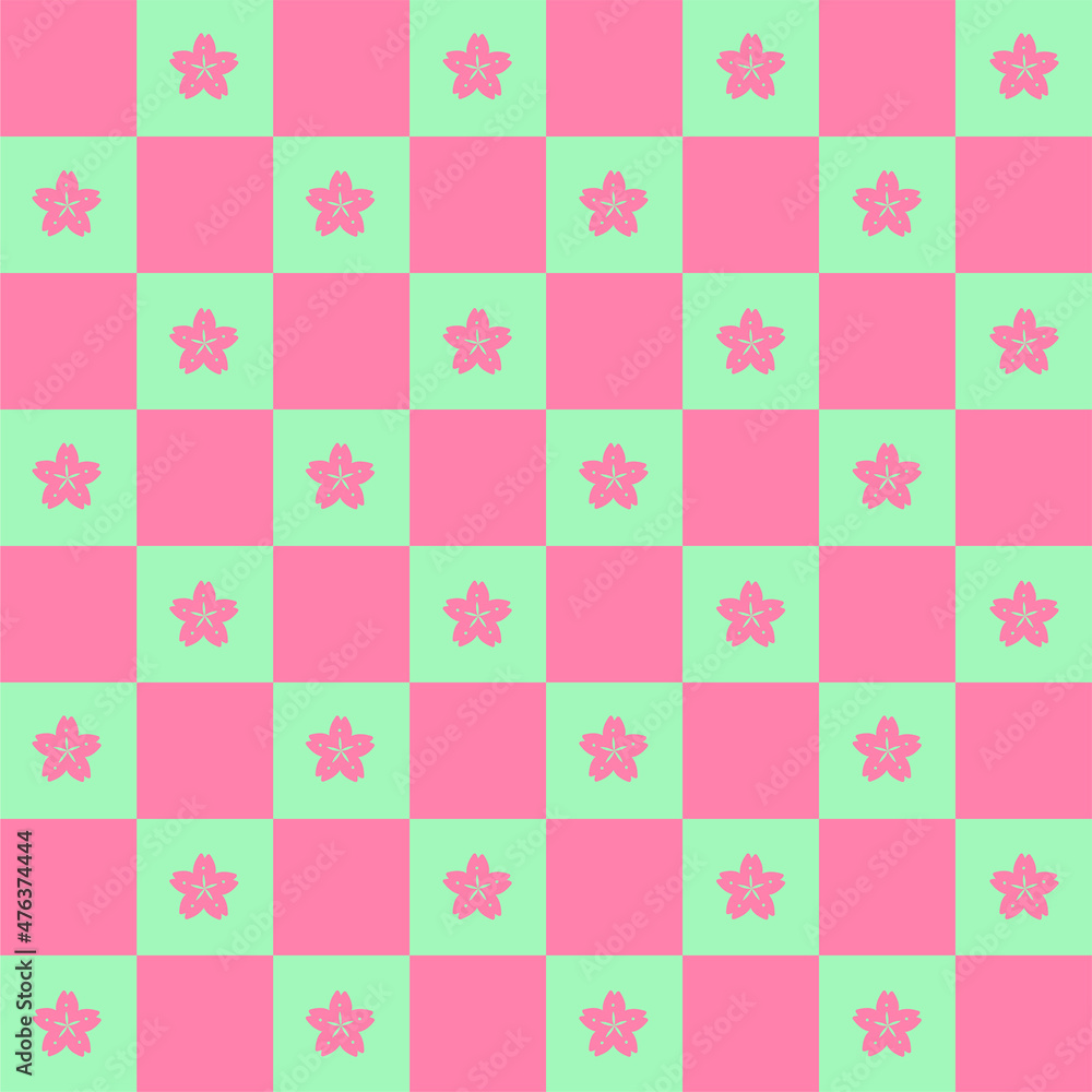 Cute Pink Sakura Flower Element Green Checkered Gingham Pattern. Cartoon Illustration, Mat, Fabric, Textile, Scarf, Wrapping Paper