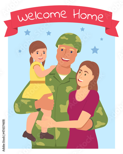 Vector drawing. Postcard. A soldier with his family. Design for congratulations.