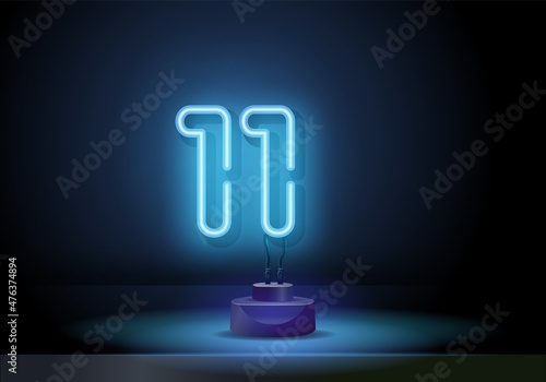number 11 blue digital on black. Blue eleven neon sign, design template, modern trend design, night neon signboard, night bright advertising, light banner, light art. Vector illustration