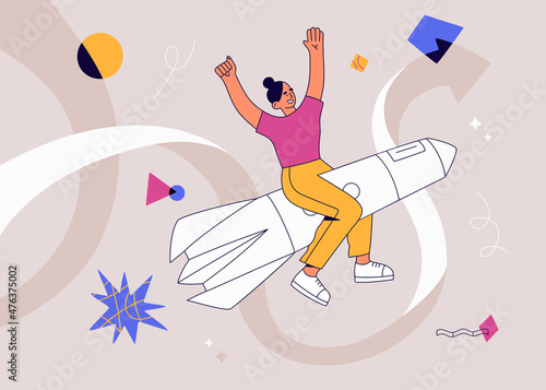 Business start up concept. Successful young woman flying on the rocket in the sky. Boosting and developing new ideas. Hand drawn vector illustration isolated on light background. Flat cartoon style
