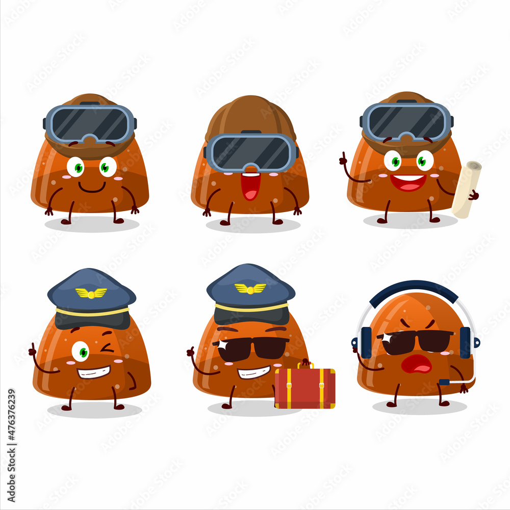 Pilot cartoon mascot orange jelly gummy candy with glasses Pilot cartoon mascot orange jelly gummy candy with glasses
