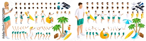 Fotografie, Obraz Isometric Set of gestures of hands and feet of girls and guys 3d teenagers, rest, girls and guys on the beach