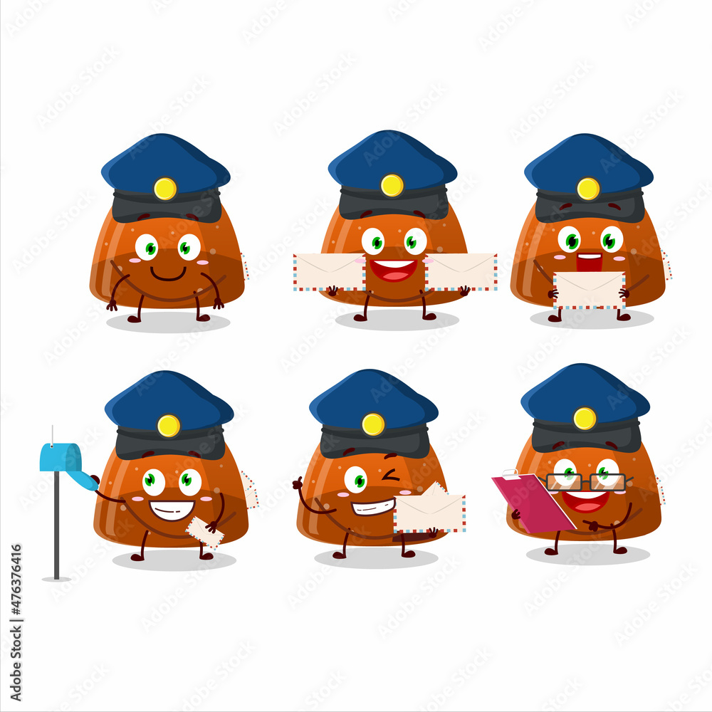 A picture of cheerful orange jelly gummy candy postman cartoon design concept A picture of cheerful orange jelly gummy candy postman cartoon design concept