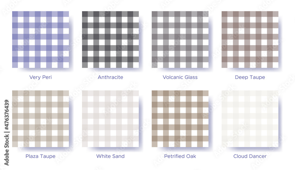 Gingham seamless pattern set in the color of 2022 Very Peri. Sample color guide palette catalog of swatches. Matching shades for fashion trends - vichy star show. Vector illustration for fabric