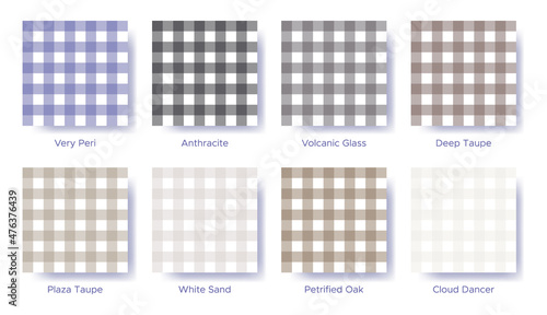 Gingham seamless pattern set in the color of 2022 Very Peri. Sample color guide palette catalog of swatches. Matching shades for fashion trends - vichy star show. Vector illustration for fabric