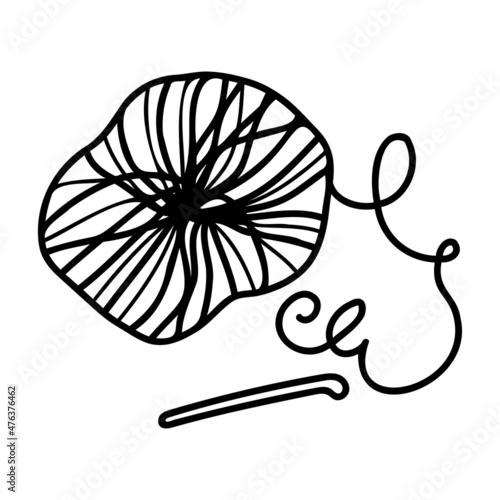 Black and white illustration of a yarn skein and crochet. Doodle vector design for web and print. 