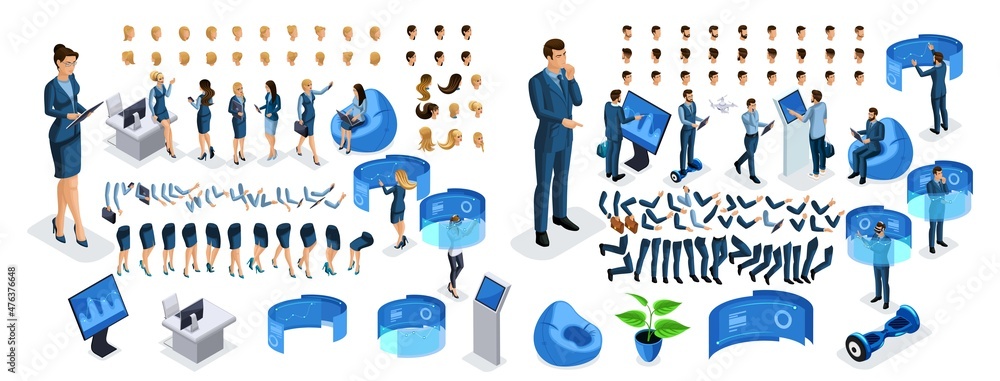 Isometric business lady and businessman with gadgets. Create your character, a set of emotions, gestures of hands, feet, hairstyles. Set 2 Isometric business lady and businessman with gadgets. Create your character, a set of emotions, gestures of hands, feet, hairstyles. Set 2