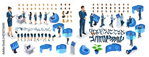 Isometric business lady and businessman with gadgets. Create your character, a set of emotions, gestures of hands, feet, hairstyles. Set 2