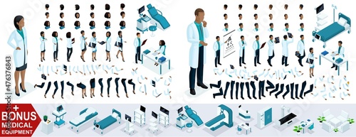 Isometric Woman and Man Doctor African American, create your 3D surgeon, sets of gestures of the feet, hands and emotions. Bonus medical equipment, set 2