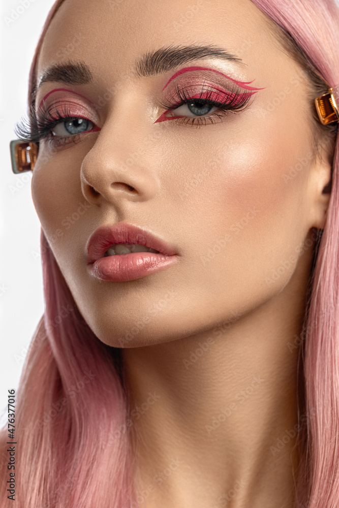 Fototapeta premium Pink hair girl with creative pink make up