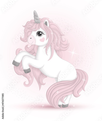 Cute pink unicorn, in a watercolor style. Vector illustration for children, EPS10. Print for dishes, textiles, clothes, greeting card.