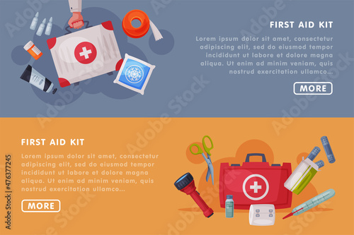 First Aid Kit Landing Page with Medical Equipment and Medication Vector Template