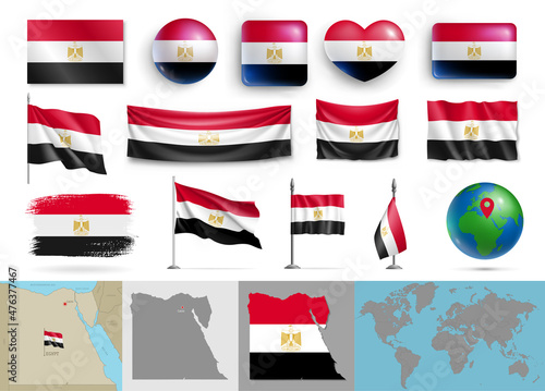 Free Download Egypt flags of various shapes and country map set. Realistic Egyptian waving flags, glossy buttons in patriotic colors, highly detailed map and globe with location pin vector illustration - GFXLoad