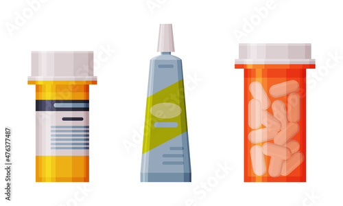 Pills and Capsule Medication in Vial Vector Set
