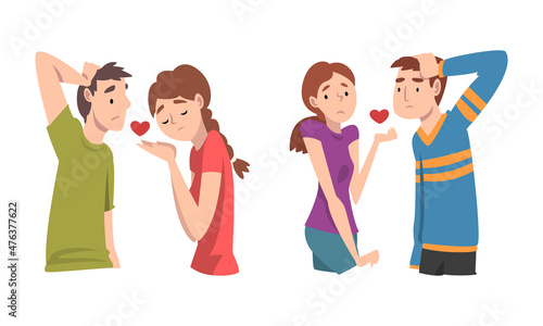 Man and Woman Experiencing Unrequited Love Feeling Vector Set