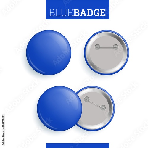 Set of blue round blank web pin buttons. Front and back side of metal glossy badges mockup with place for your text realistic vector illustration isolated on white background