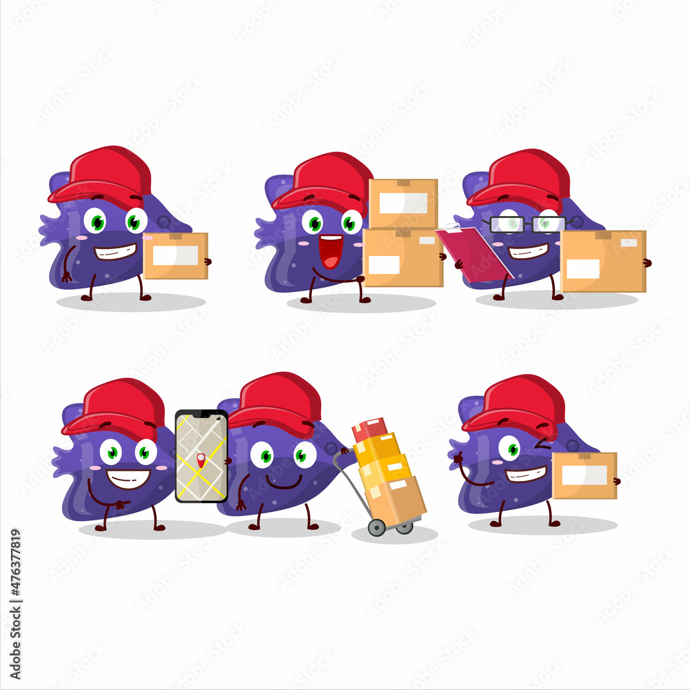 Cartoon character design of fish purple gummy candy working as a courier