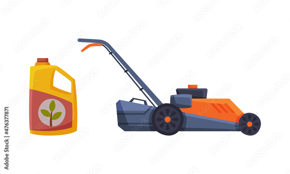 Lawn Mower and Fertilizer in Bottle as Garden Tools Vector Set Lawn Mower and Fertilizer in Bottle as Garden Tools Vector Set